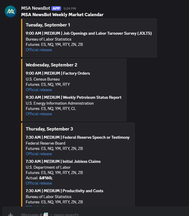 MSA NewsBot weekly market calendar displayed in Discord.